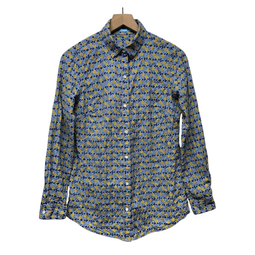 J. McLaughlin Women Cotton‎ Button Up Pineapple Long Sleeve Shirt Sz S Blue